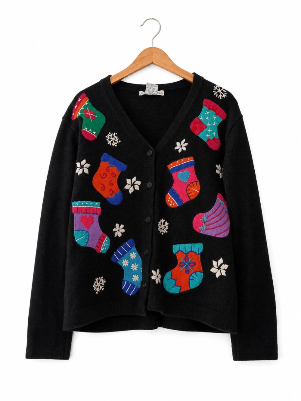 Victoria Jones Black Christmas Stocking Cardigan Sweater L
